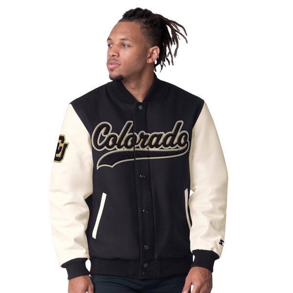 A black varsity jacket with cream leather sleeves. The jacket features raised Colorado stitched across the chest, a CU logo on the right sleeve, and side pockets.